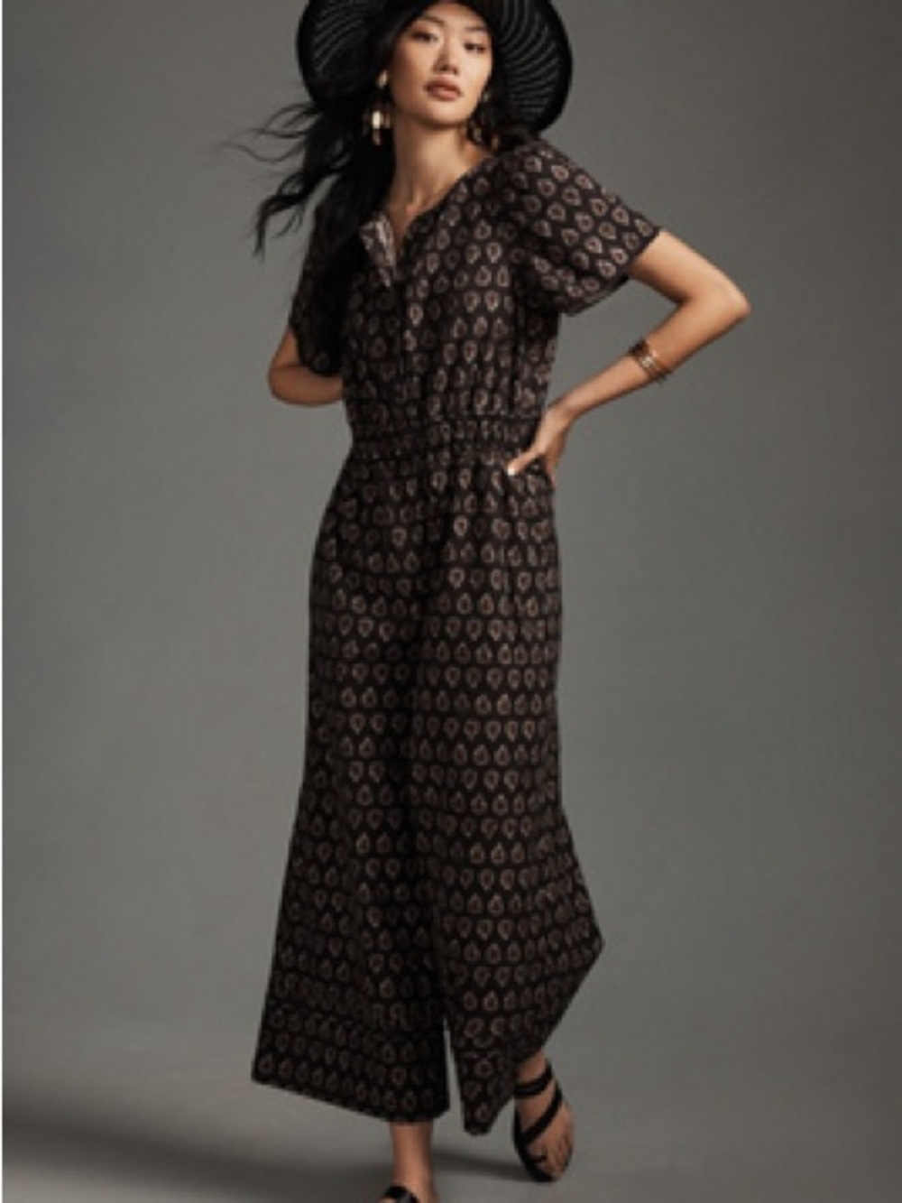 Anthropologie Black Printed Short-Sleeve Wide-Leg Jumpsuit